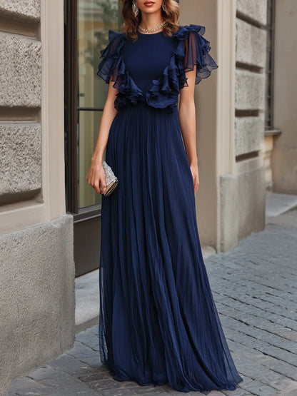 Ruffle-Sleeve Pleated Chiffon Maxi Dress
