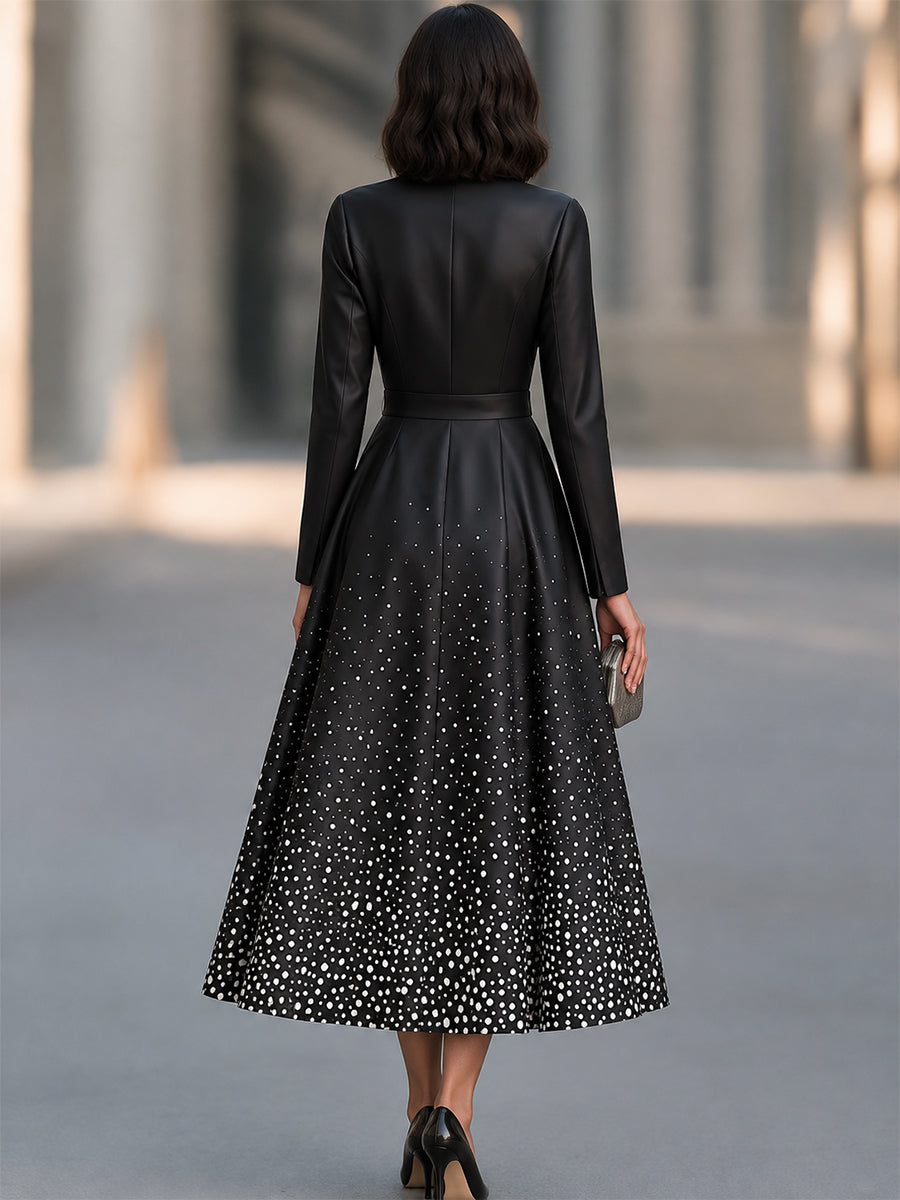 Women's Black Long-Sleeve Collared Polka Dot A-Line Midi Dress