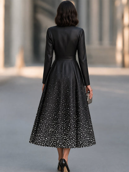 Women's Black Long-Sleeve Collared Polka Dot A-Line Midi Dress