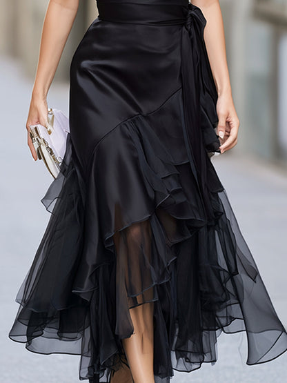 Sheer Mesh V-Neck Wrap Dress Thin Straps Cascading Flowy Tulle Ruffle Hem