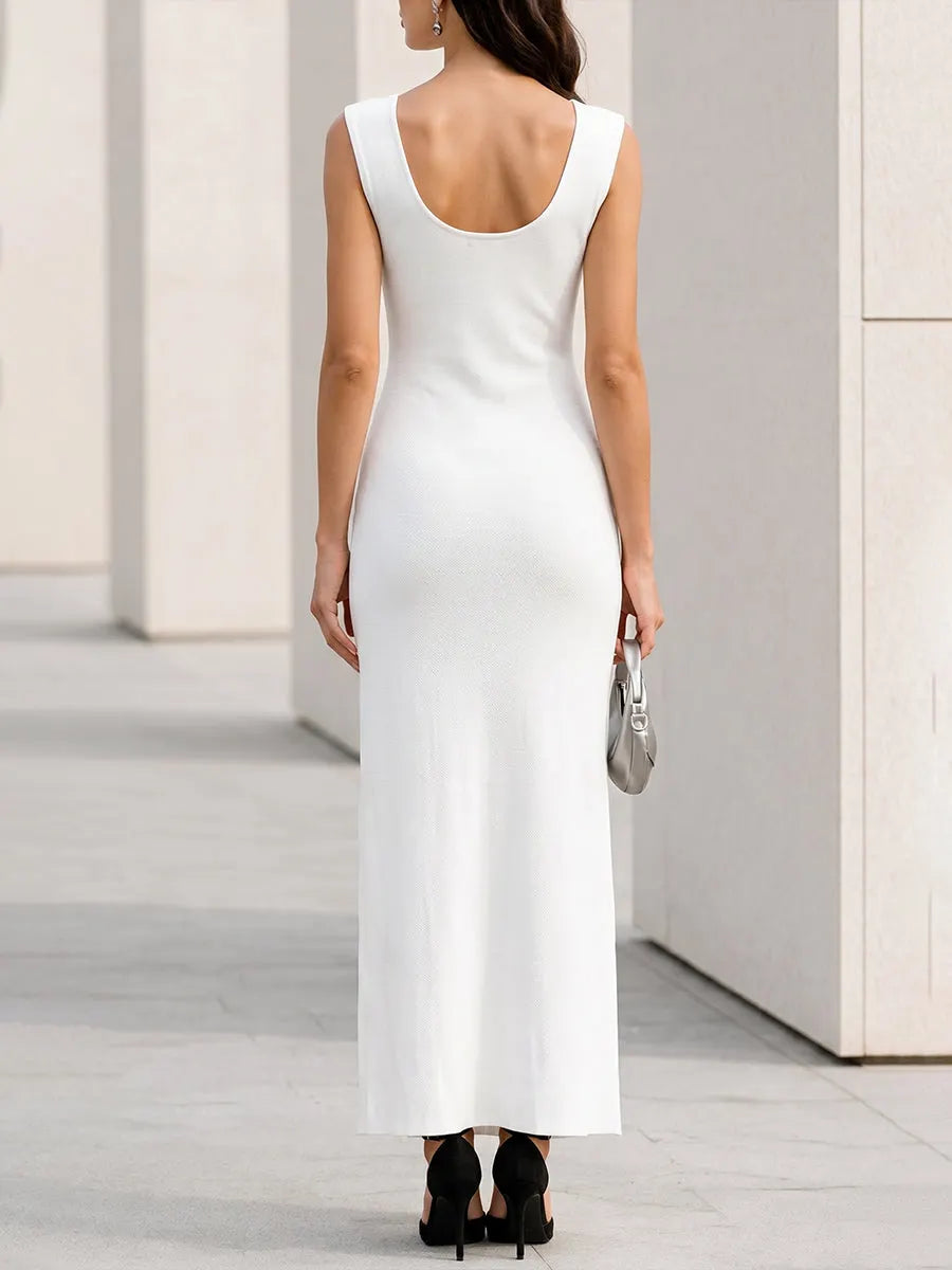 Sleeveless U-Neck Button-Detail Slit Maxi Dress