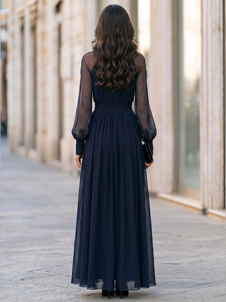 Elegant High Neck Sheer Sleeve Pleated Maxi Dress Draped Silhouette