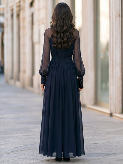 Elegant High Neck Sheer Sleeve Pleated Maxi Dress Draped Silhouette