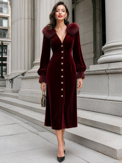 Velvet Fur-Collar Puff-Sleeve Slim Midi Dress