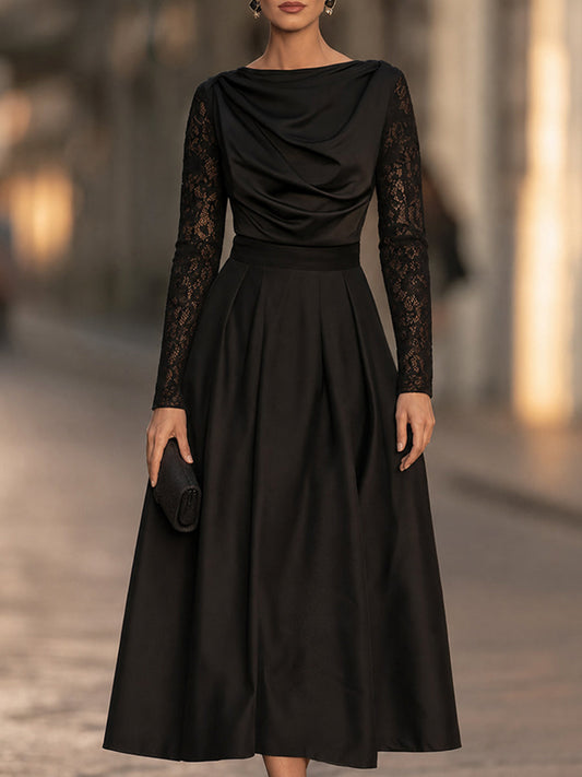 Robe midi élégante en satin avec col bénitier drapé et manches en dentelle