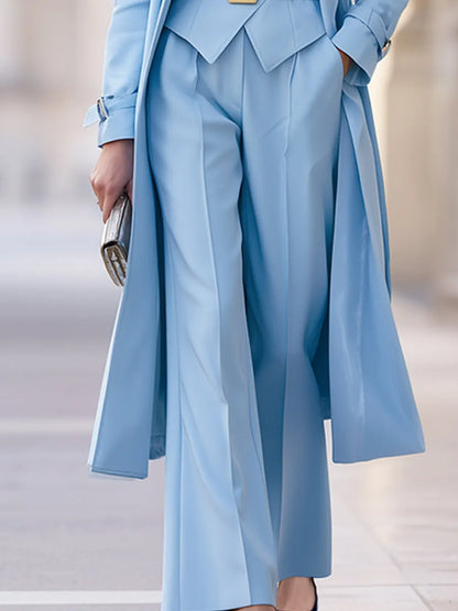 Belted Blazer Vest, Wide-Leg Pants & Long Coat Three-Piece Suit Set