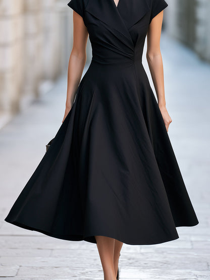 Notched Lapel Cap Sleeve Fit-and-Flare Midi Dress