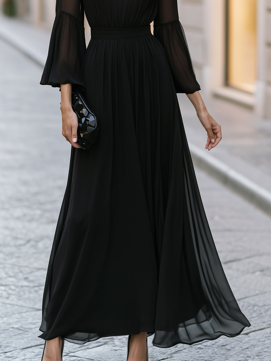 Elegant High-Neck Sheer Sleeve Chiffon Maxi Dress With Draped Waist