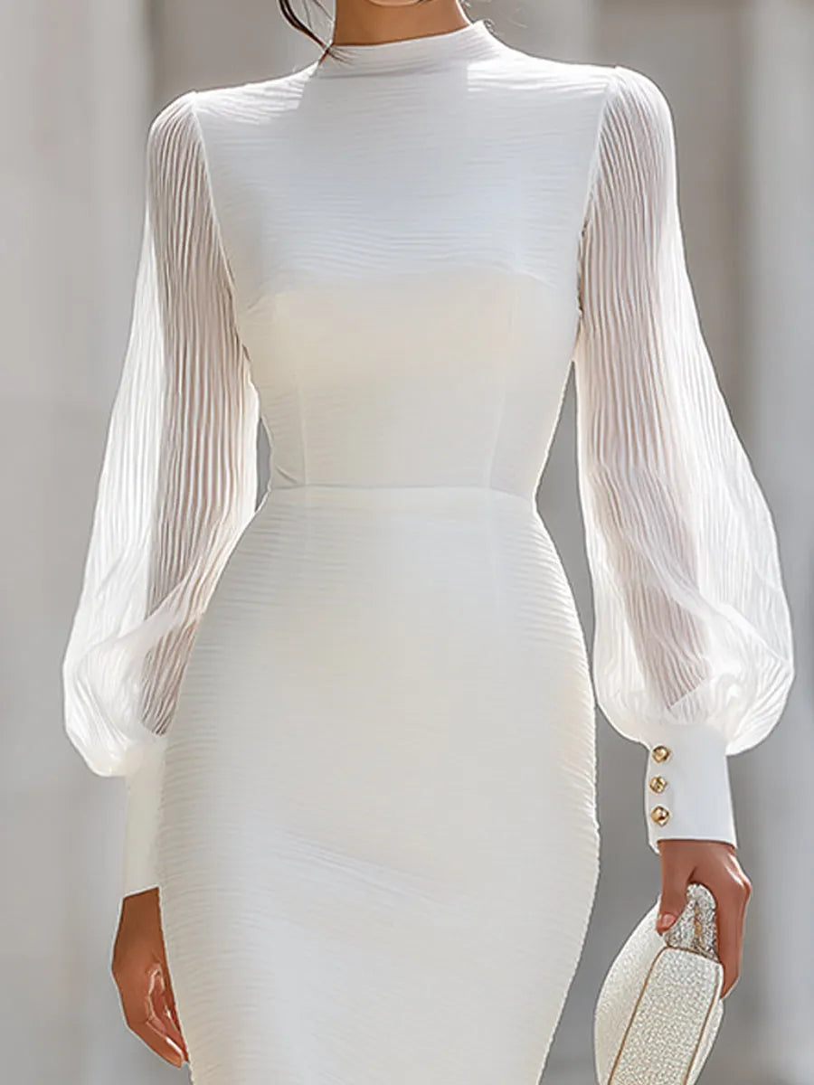 Fitted Long-Sleeve Dress With Pleated Chiffon Sleeves