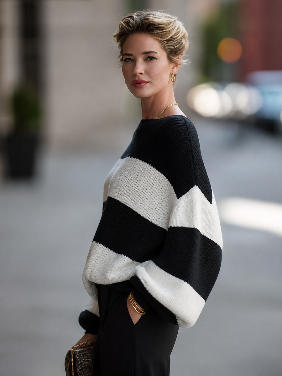 Women's Off-Shoulder Striped Chunky Knit Oversized Sweater