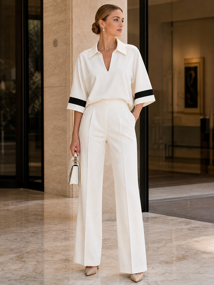 Stripe Cuff Polo V-Neck Blouse & High Waist Pleated Wide Leg Pants Two-Piece White Set