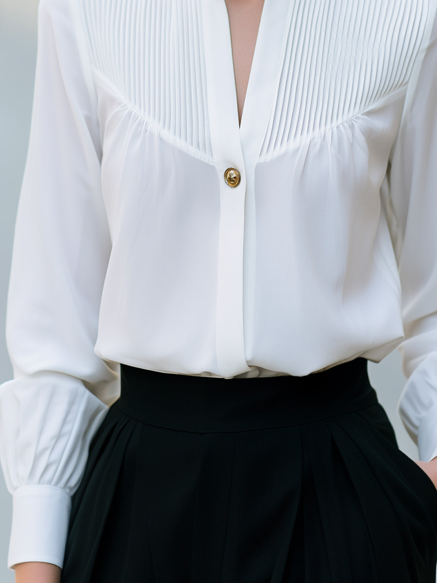 Pleated Yoke Stand Collar Button Blouse