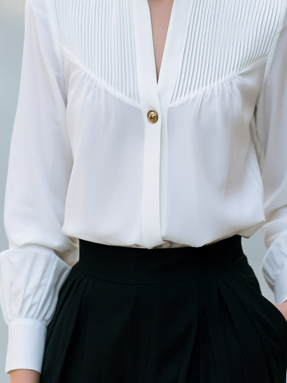 Pleated Yoke Stand Collar Button Blouse