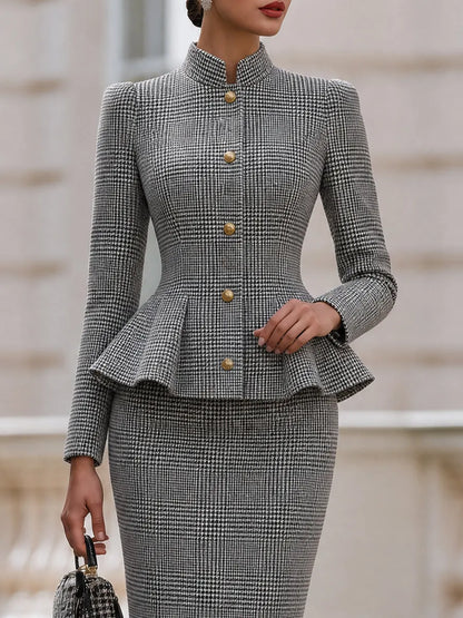 Houndstooth Stand Collar Peplum Jacket & Midi Pencil Skirt Two-Piece Suit