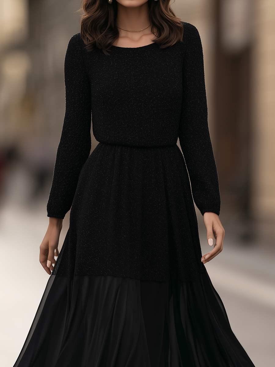 Round-Neck Blouson Waist Textured Knit Chiffon Panel Flowing Maxi Dress