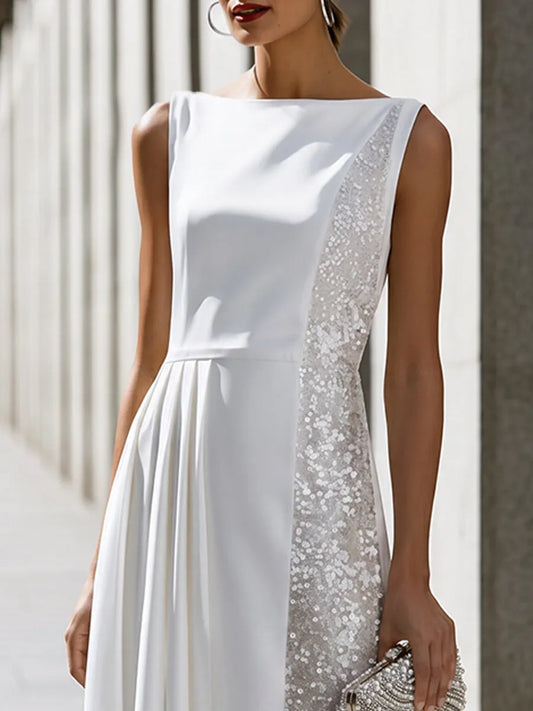 Sleeveless Sequin Side Panel Pleated Evening Gown