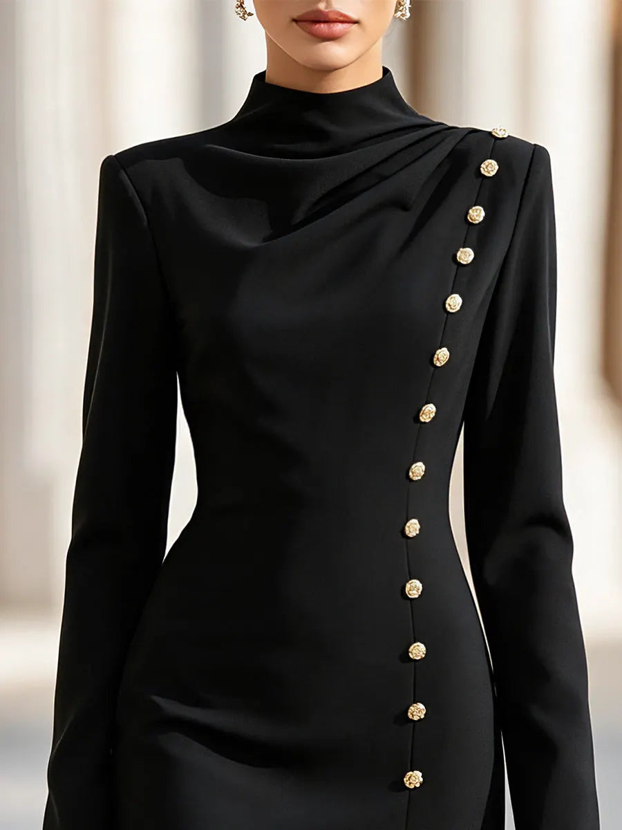Draped Mock Neck Button Detail Mini Dress