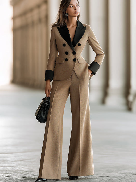 Contrast-Lapel Double-Breasted Wide-Leg Pants Set