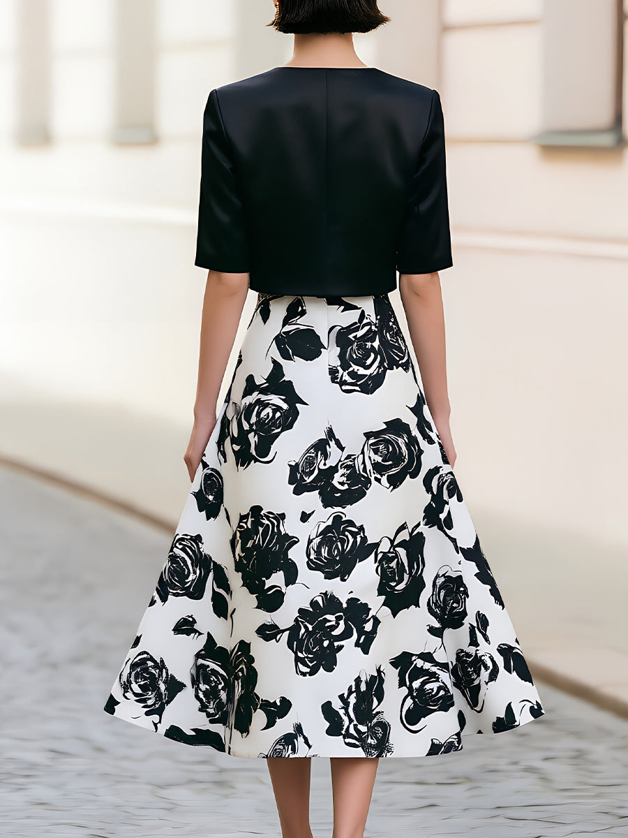Black Satin Bolero & White Rose Print Strapless Midi Dress Two-Piece Set