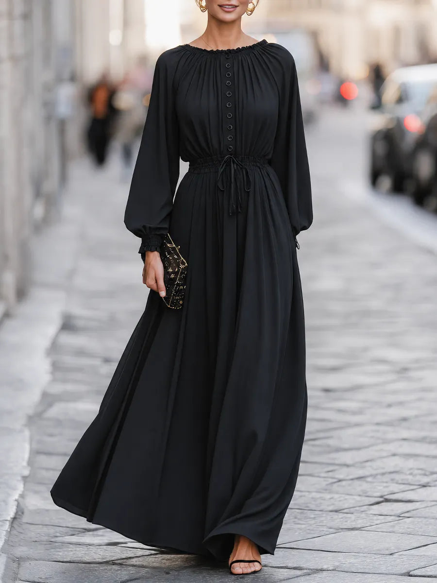 Button-Front Drawstring-Waist Maxi Dress With Balloon Sleeves