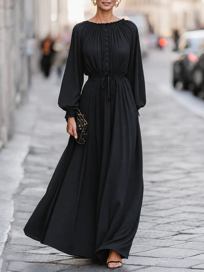 Button-Front Drawstring-Waist Maxi Dress With Balloon Sleeves