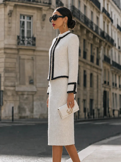 Contrast-Trim Zip-Front Jacket And Pencil Midi Skirt Set