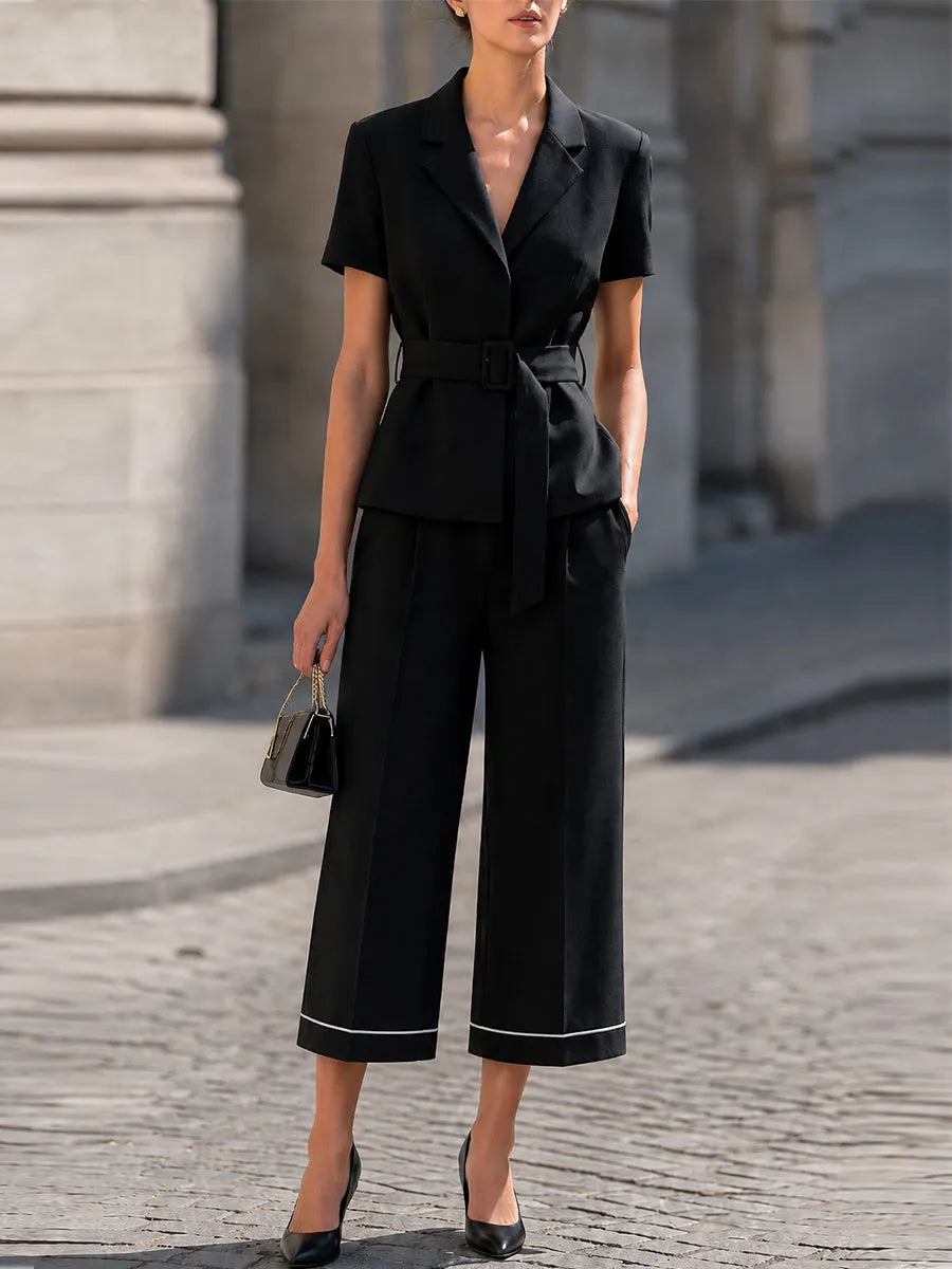 Short Sleeve Belted Blazer & White Piped Cropped Wide Leg Culottes Two-Piece Suit Set