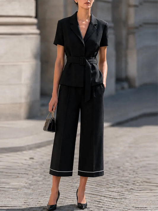 Short Sleeve Belted Blazer & White Piped Cropped Wide Leg Culottes Two-Piece Suit Set