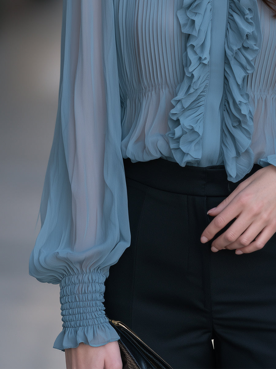 Ruffled Chiffon Stand-Collar Shirred Cuffs Blouse