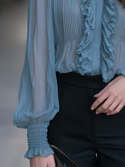 Ruffled Chiffon Stand-Collar Shirred Cuffs Blouse