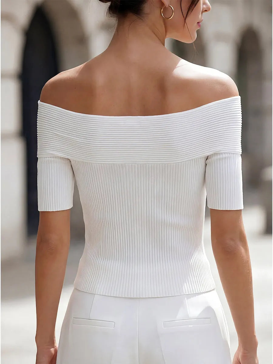 Bow-Front Off-Shoulder Ribbed Short-Sleeve Top