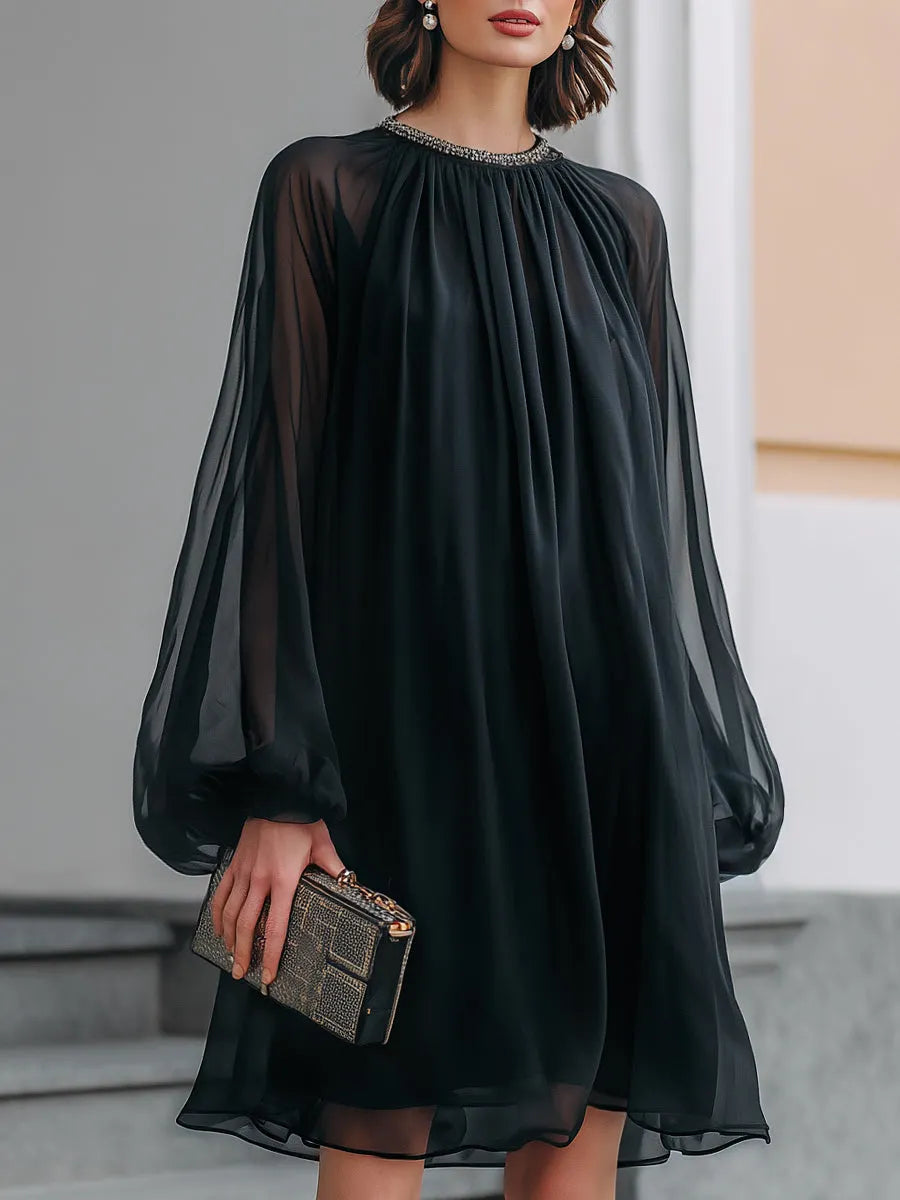 Sheer Chiffon Long Sleeve Smocked Neck Mini Dress