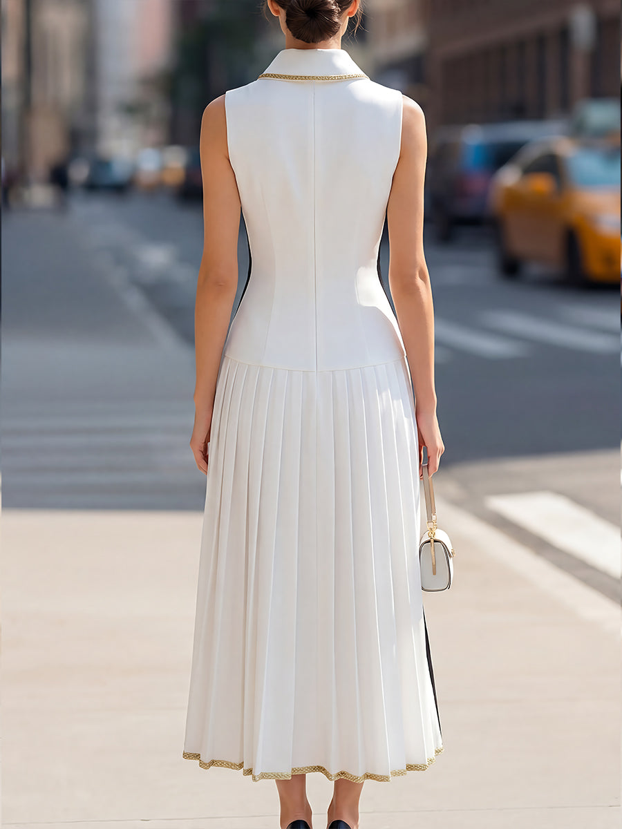 Gold-Trim Button-Front Pleated Midi Dress