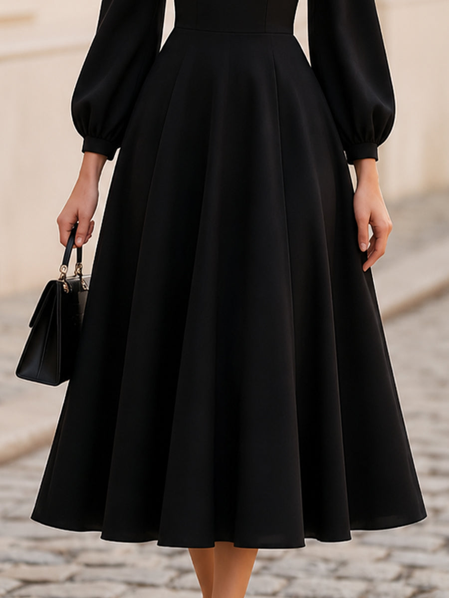 Off-The-Shoulder Balloon Long Sleeve Midi Flared Dress
