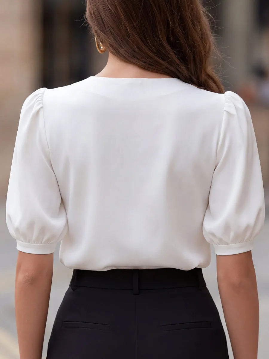 Chic Keyhole Puff Sleeve Satin Blouse