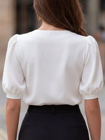 Chic Keyhole Puff Sleeve Satin Blouse