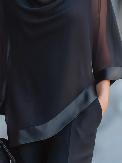 Sheer Flared Sleeve Cowl Neck Blouse With Satin Trim