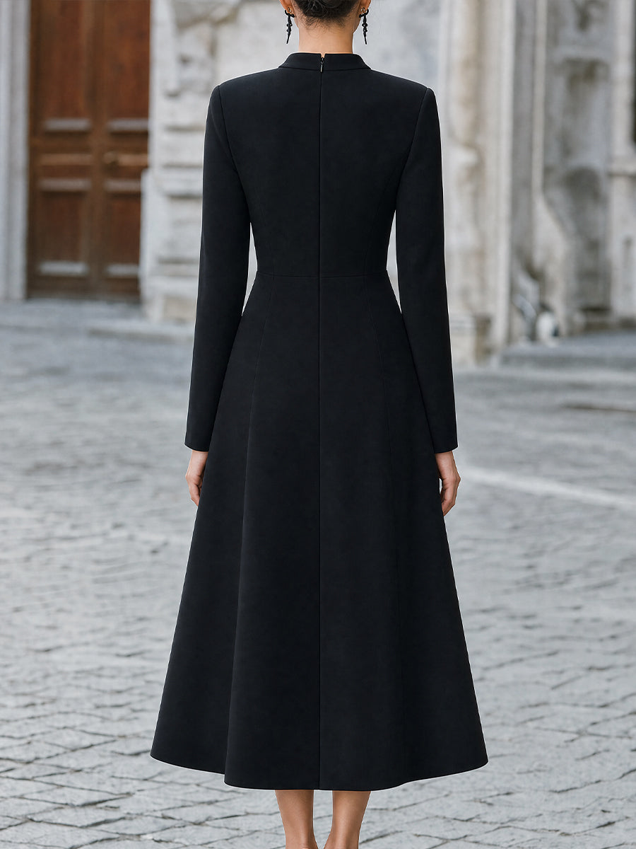 Keyhole Cutout Mock-Neck Flare Midi Dress