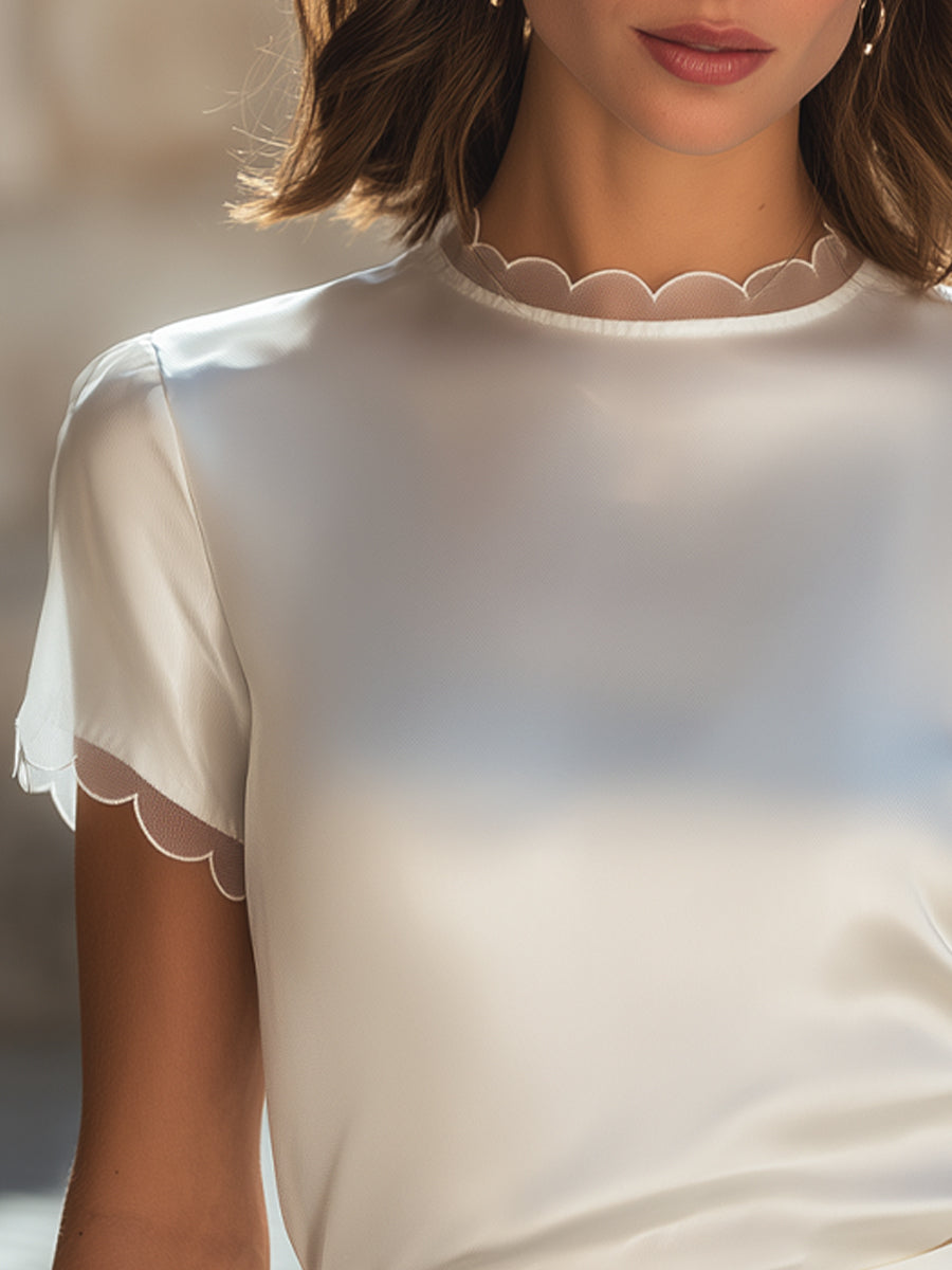 Scalloped Trim Short Sleeve Silk Satin Blouse Top