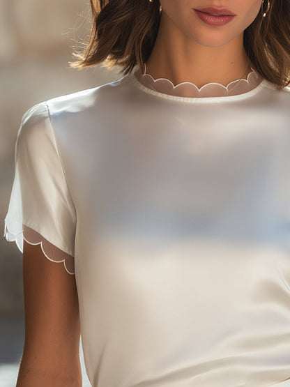 Scalloped Trim Short Sleeve Silk Satin Blouse Top