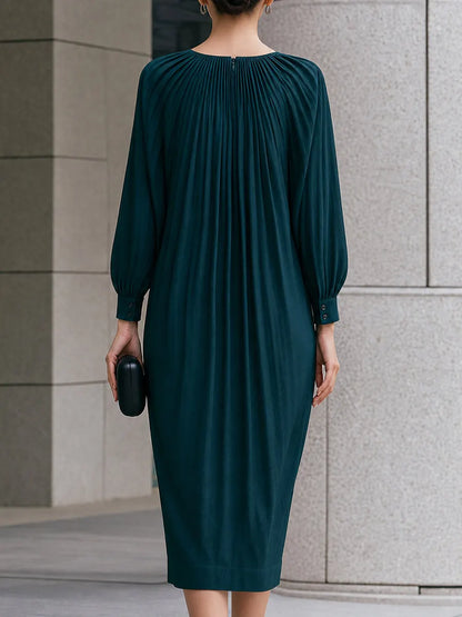 Elegant Pleated Lantern-Sleeve Midi Dress