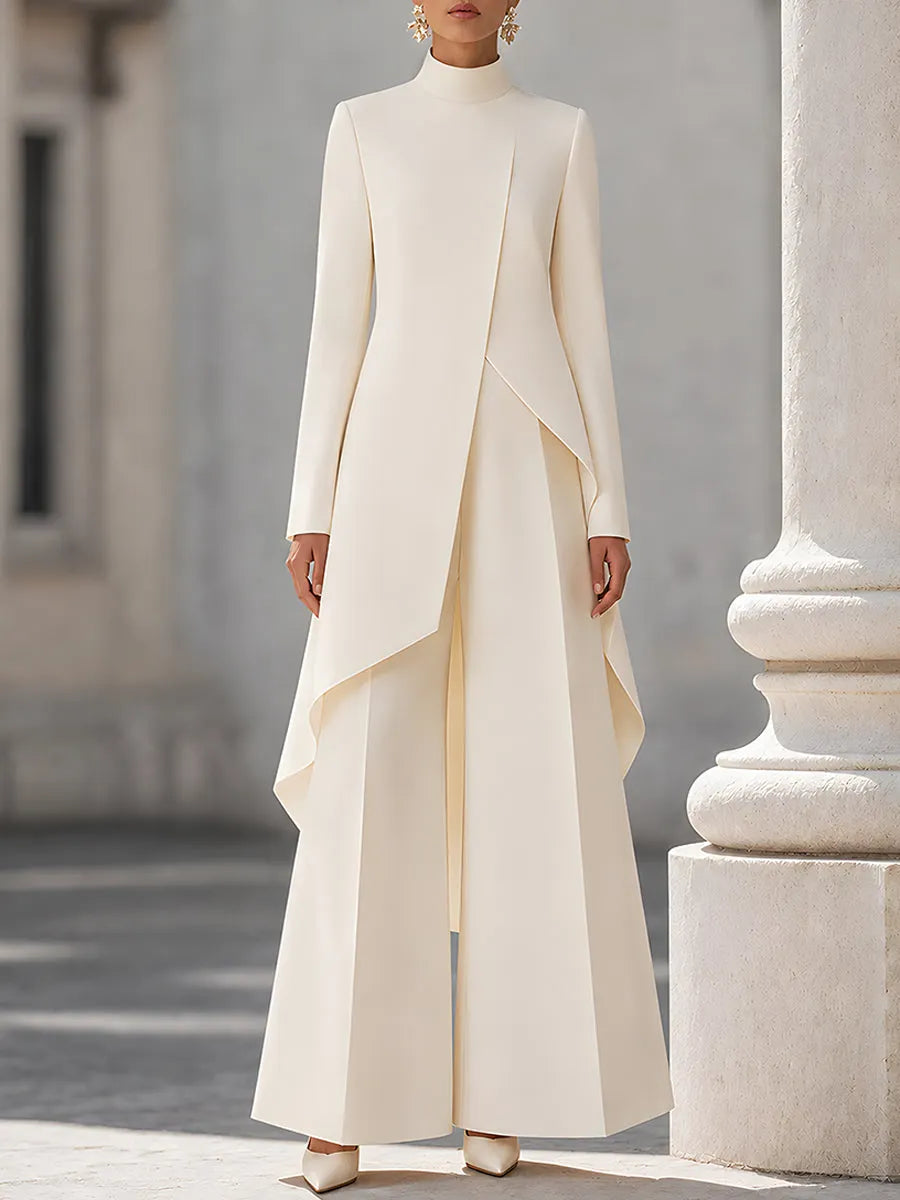 Elegant Ivory High Neck Tailored Longline Coat Set