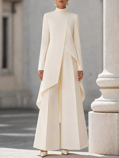 Elegant Ivory High Neck Tailored Longline Coat Set