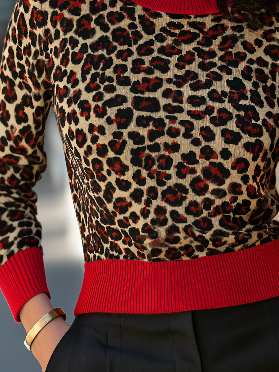 Leopard Contrast Trim Crew Neck Knit Top
