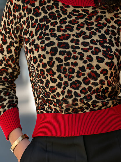 Leopard Contrast Trim Crew Neck Knit Top