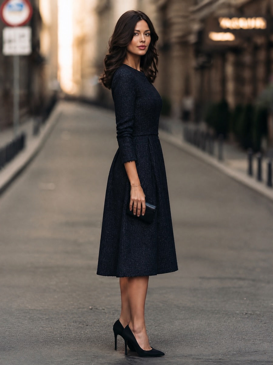 Round-Neck Pleated Waist Textured Tweed A-Line Midi Dress
