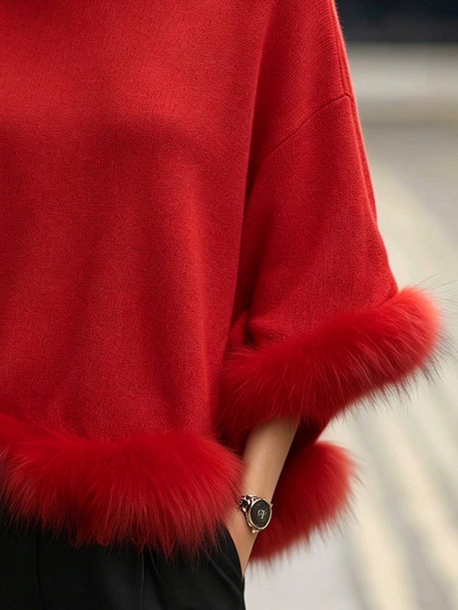 Elegant Turtleneck Detachable Faux Fur Trim Knit Sweater