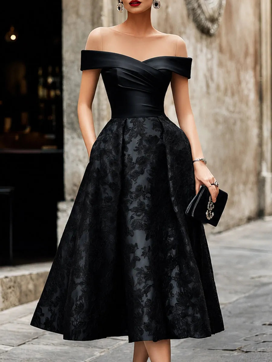 Elegant Off-the-Shoulder Wrap Bodice Floral Jacquard Formal Dress