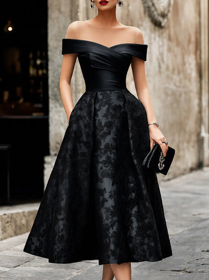 Elegant Off-the-Shoulder Wrap Bodice Floral Jacquard Formal Dress