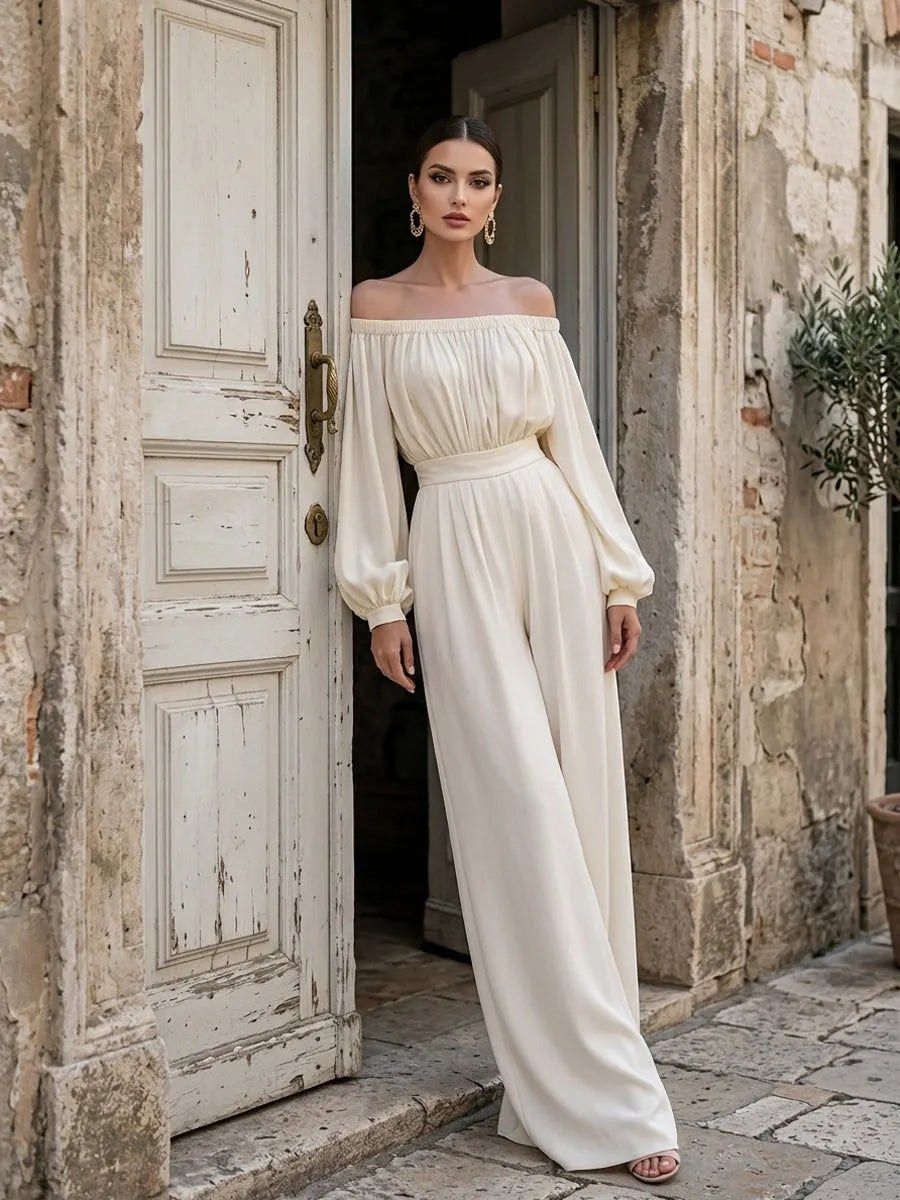Off-Shoulder Cotton Blend Wide-Leg Jumpsuit